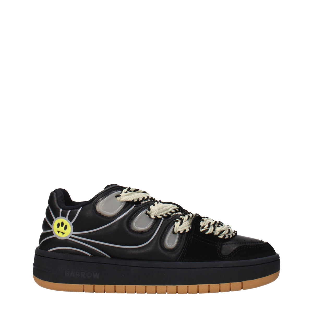 Black leather low top sneakers by Barrow featuring sleek design and white rubber soles.