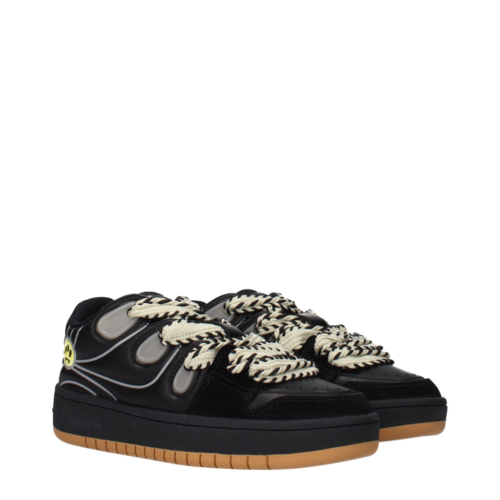 Black leather low top sneakers by Barrow, featuring stylish design and comfort, with visible laces and sleek silhouette.