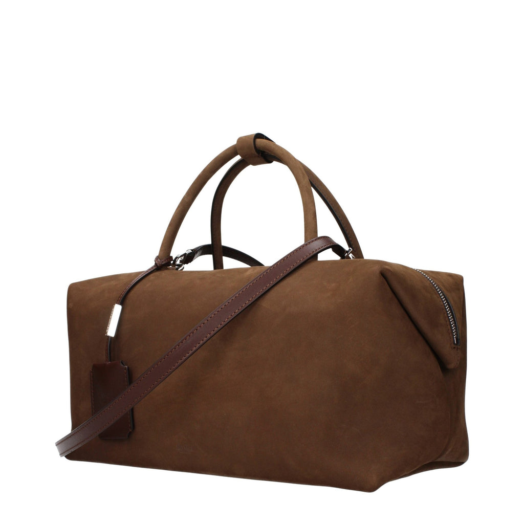 Max Mara brown leather handbag with structured design and top handles, featuring sleek stitching and elegant finish.