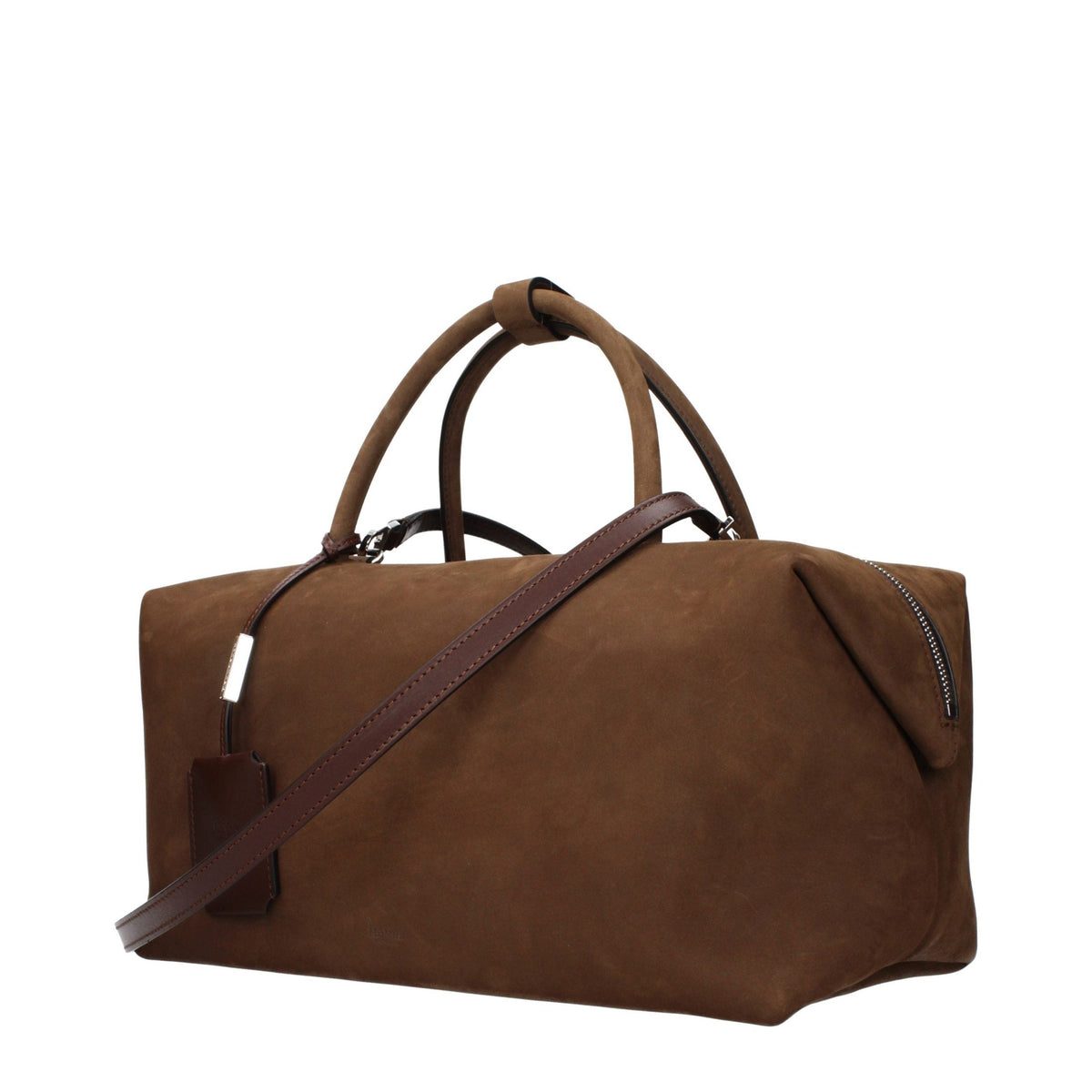 Max Mara brown leather handbag with structured design and top handles, featuring sleek stitching and elegant finish.