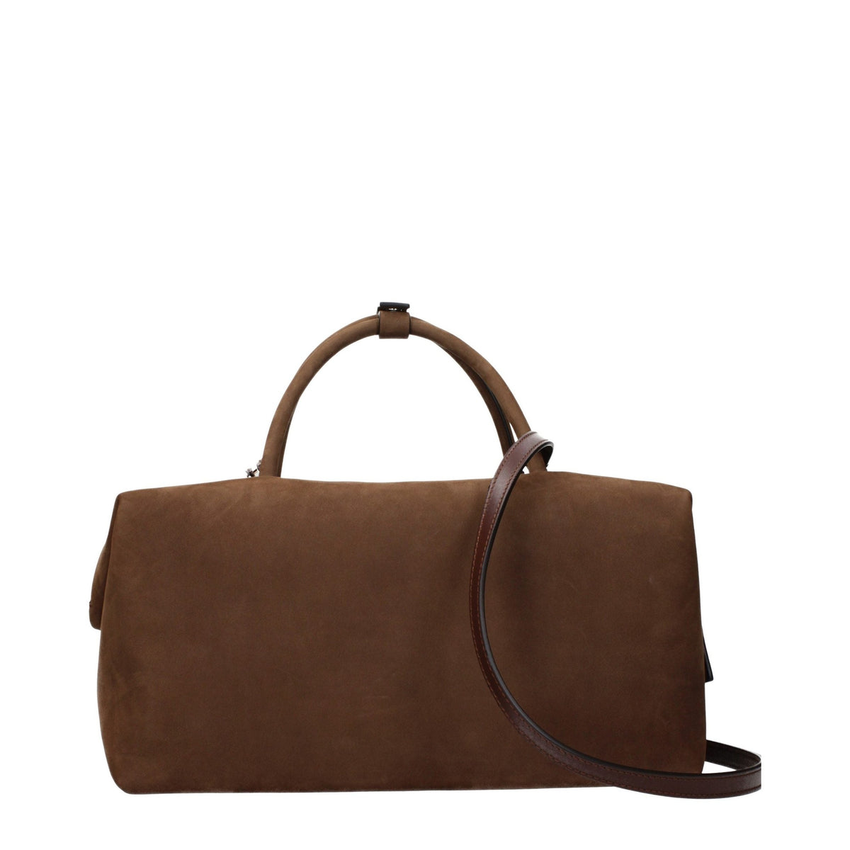 Max Mara brown leather handbag with sleek design and top handles, featuring subtle stitching and elegant finish.