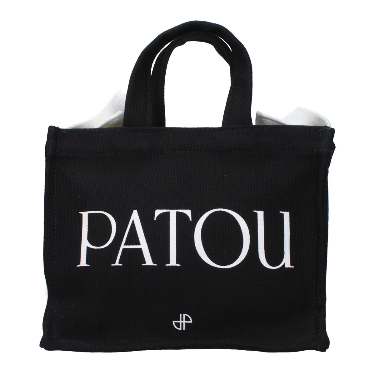 Patou black cotton handbag with sleek design, featuring sturdy handles and minimalist style for versatile everyday use.