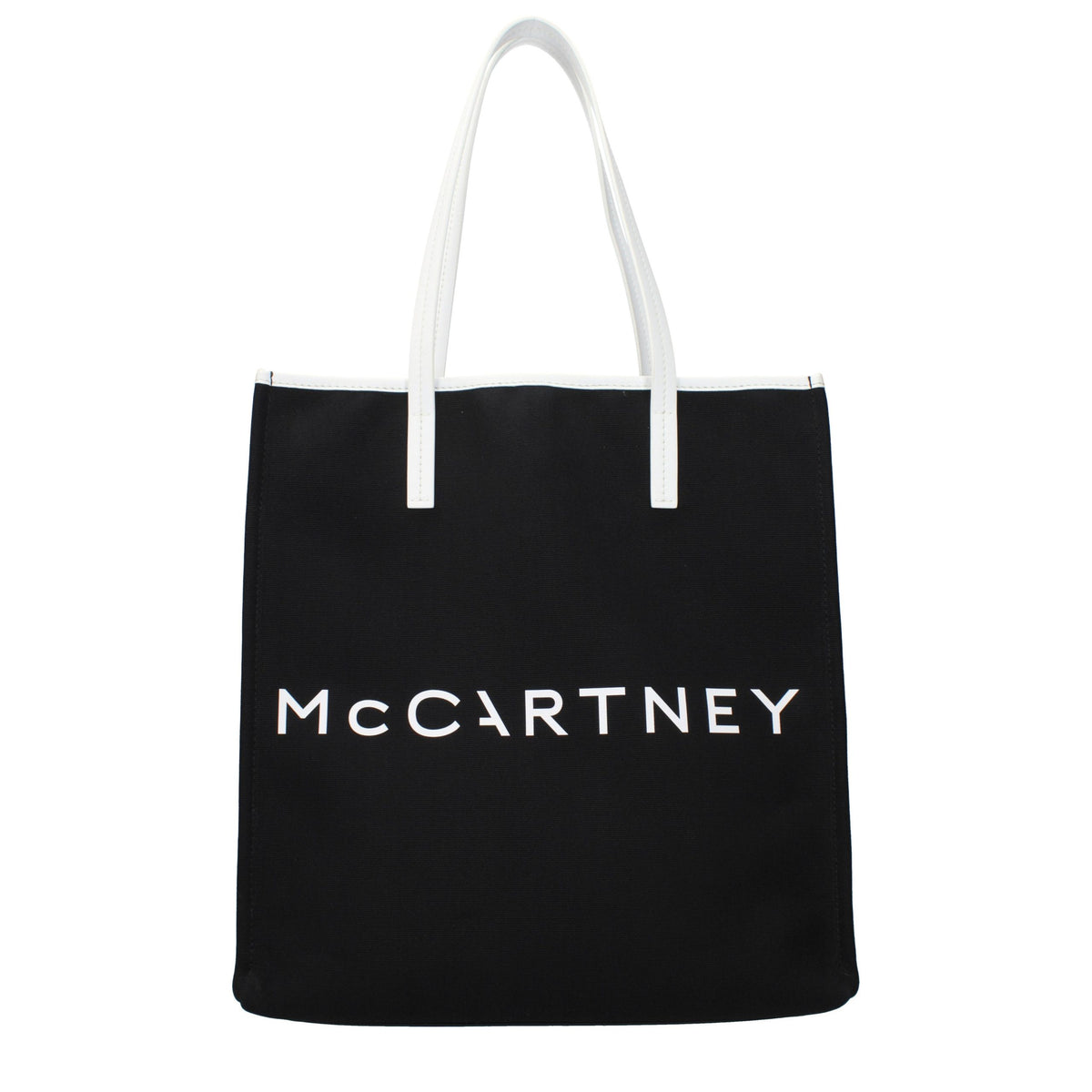 Black fabric shoulder bag by Stella McCartney with sleek design and adjustable strap, featuring subtle branding details.