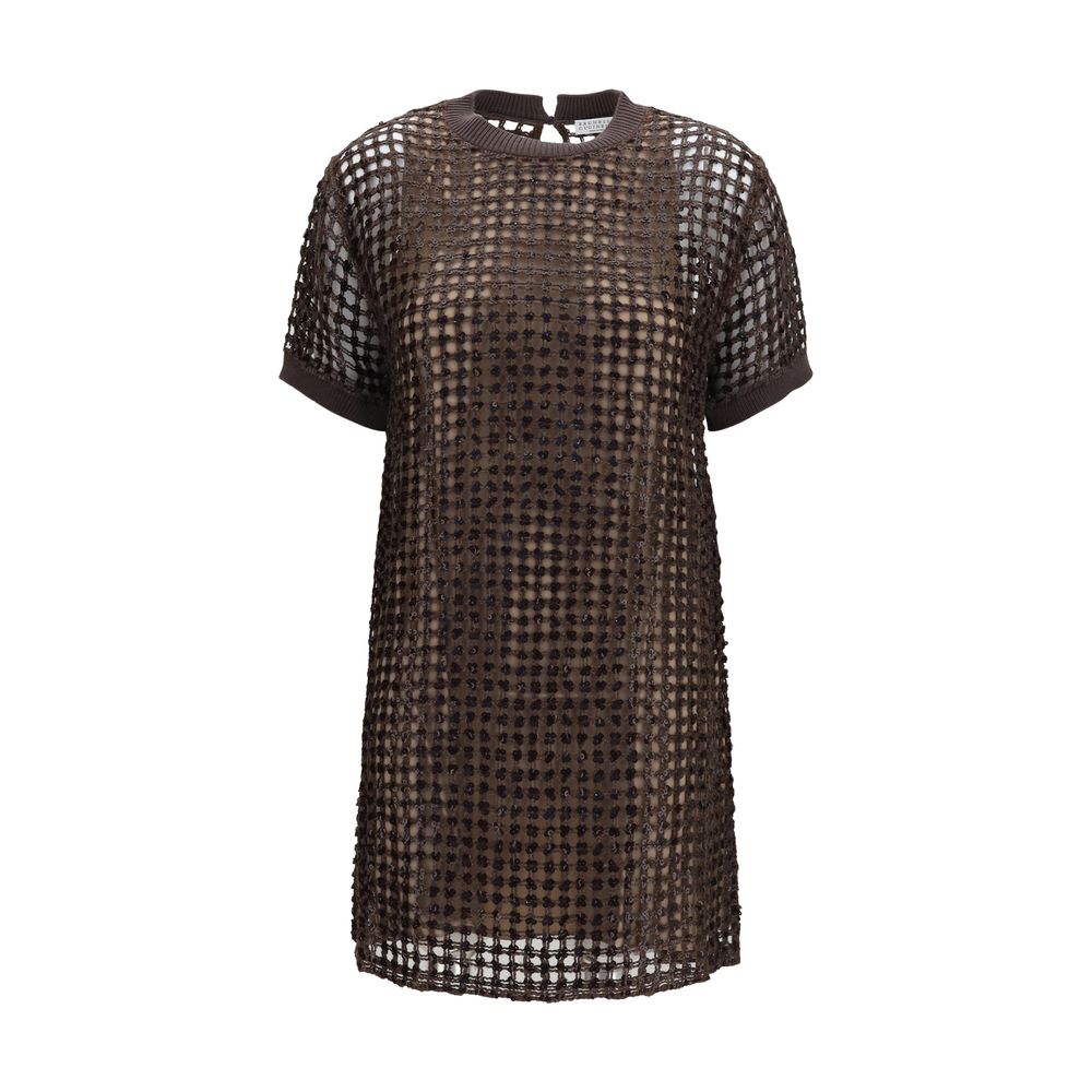 Brunello Cucinelli brown silk cocktail dress displayed on a hanger, showcasing elegant fabric and classic design.