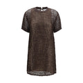 Brunello Cucinelli brown silk cocktail dress displayed on a hanger, showcasing elegant fabric and classic design.