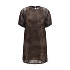 Brunello Cucinelli brown silk cocktail dress displayed on a hanger, showcasing elegant fabric and classic design.