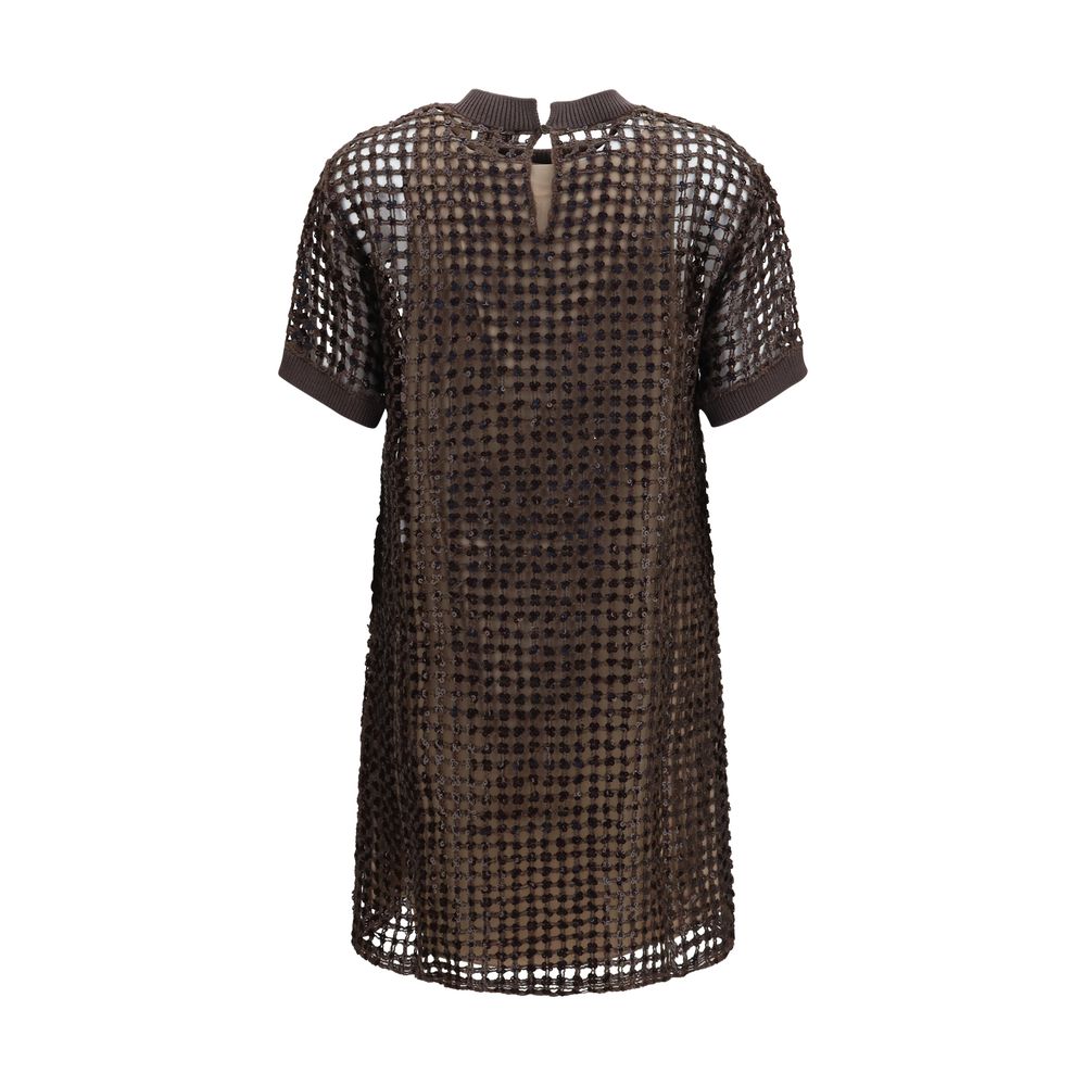 Brunello Cucinelli brown silk cocktail dress displayed on a hanger, showcasing elegant fabric and classic design.
