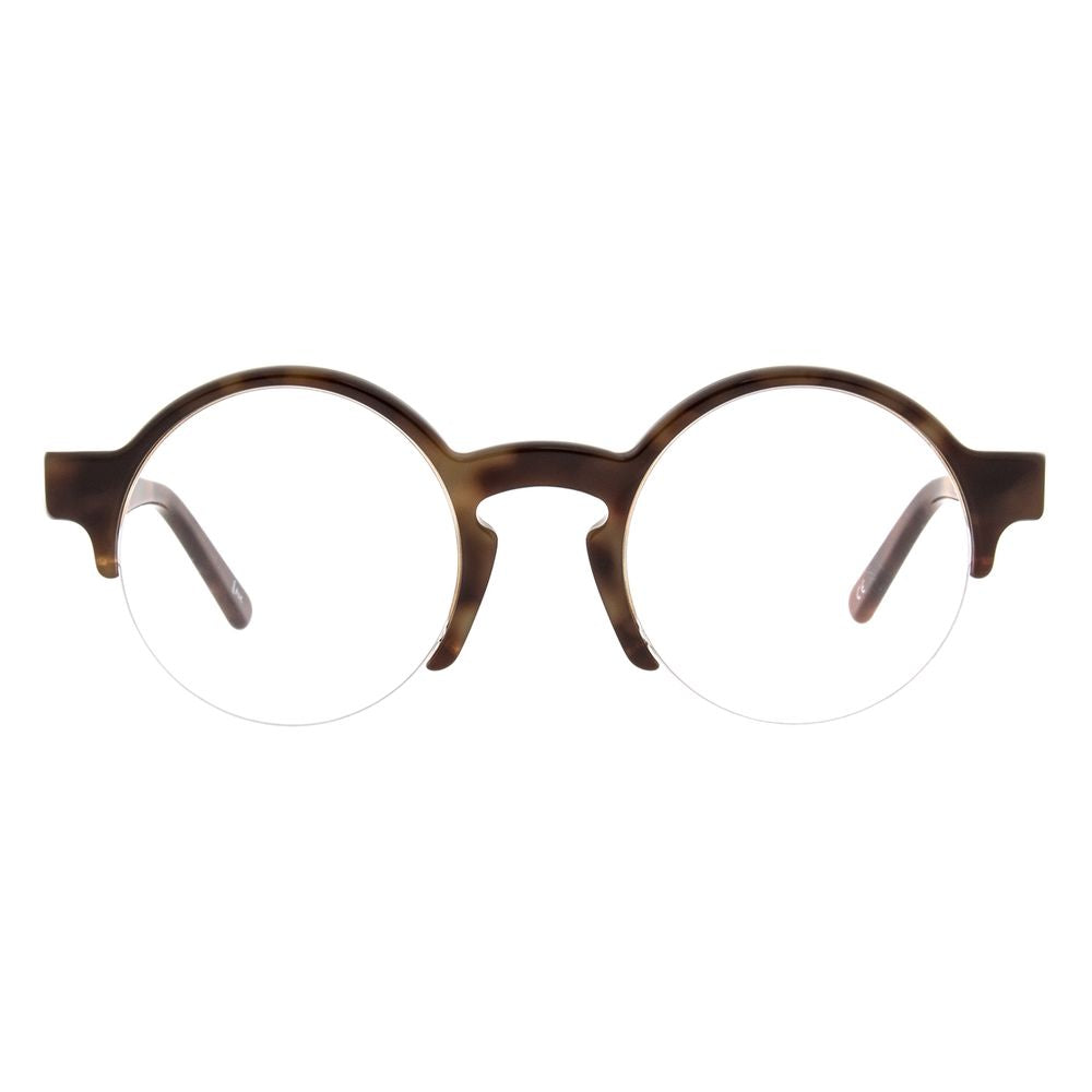 Brown acetate eyeglass frames by Andy Wolf with a sleek, modern design, featuring rounded rectangular lenses and subtle branding details.