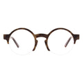 Brown acetate eyeglass frames by Andy Wolf with a sleek, modern design, featuring rounded rectangular lenses and subtle branding details.