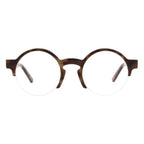 Brown acetate eyeglass frames by Andy Wolf with a sleek, modern design, featuring rounded rectangular lenses and subtle branding details.