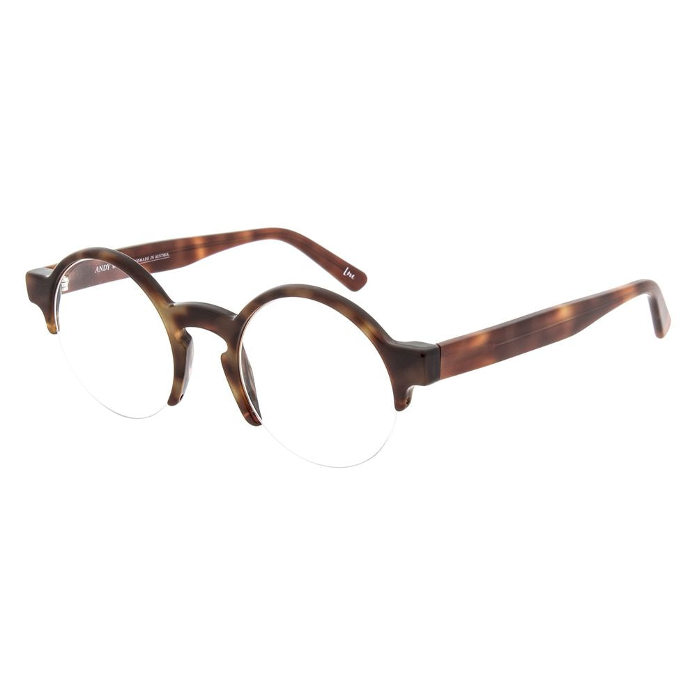 Andy Wolf brown acetate eyeglasses frames with rounded design, showcasing a stylish and modern look.