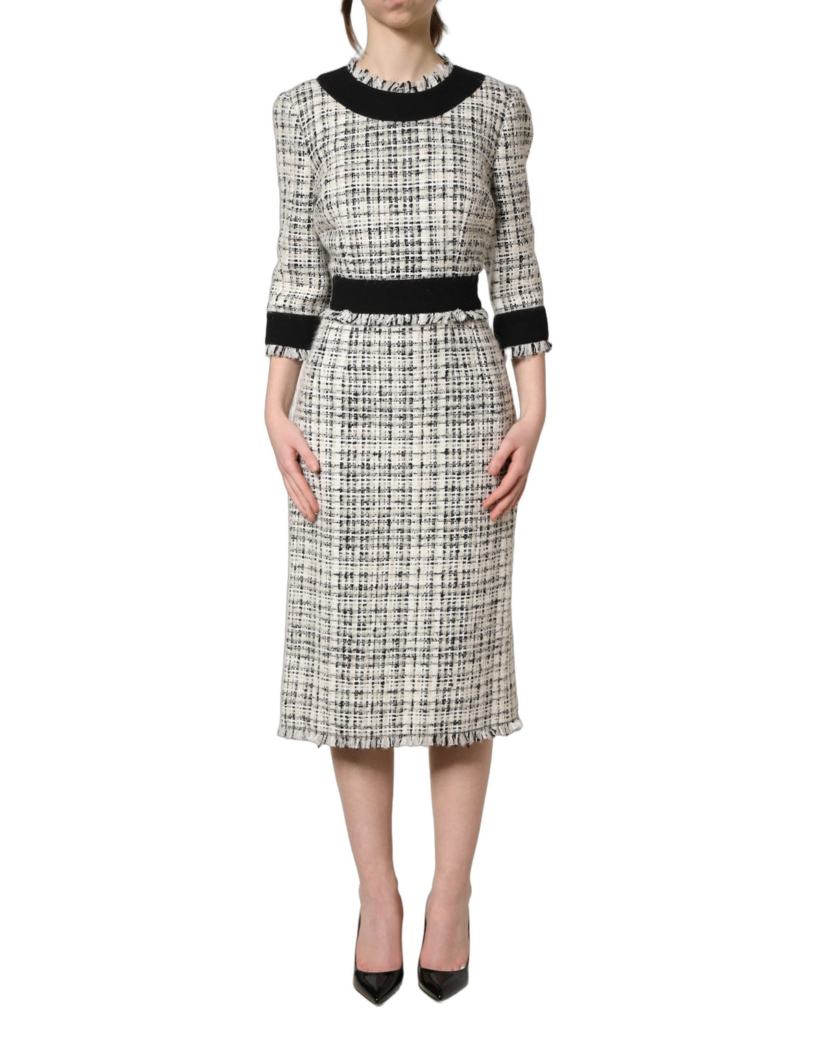 Dolce & Gabbana Black White Tweed Sheath A-line Midi Dress - Eljoys Fashion 