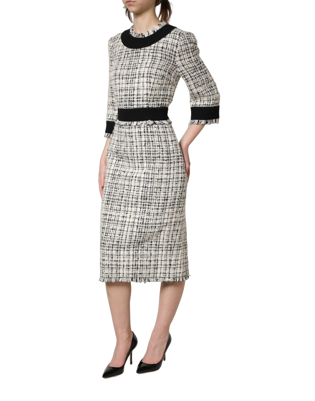 Dolce & Gabbana Black White Tweed Sheath A-line Midi Dress - Eljoys Fashion 