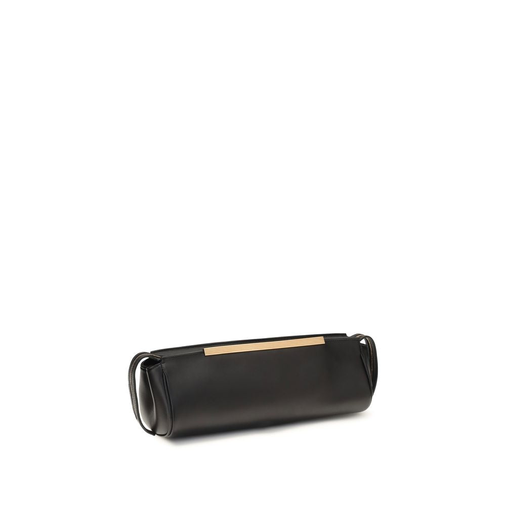 Black calf leather Bos Taurus clutch bag by Khaite, featuring a sleek rectangular design with a subtle embossed logo and gold-tone hardware.