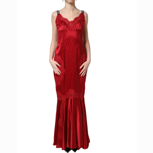 Dolce & Gabbana Red Silk Sleeveless Maxi Long Lace Trim Dress Dolce & Gabbana