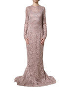 Dolce & Gabbana Pink Lace Long Sleeves Evening Gown Dress