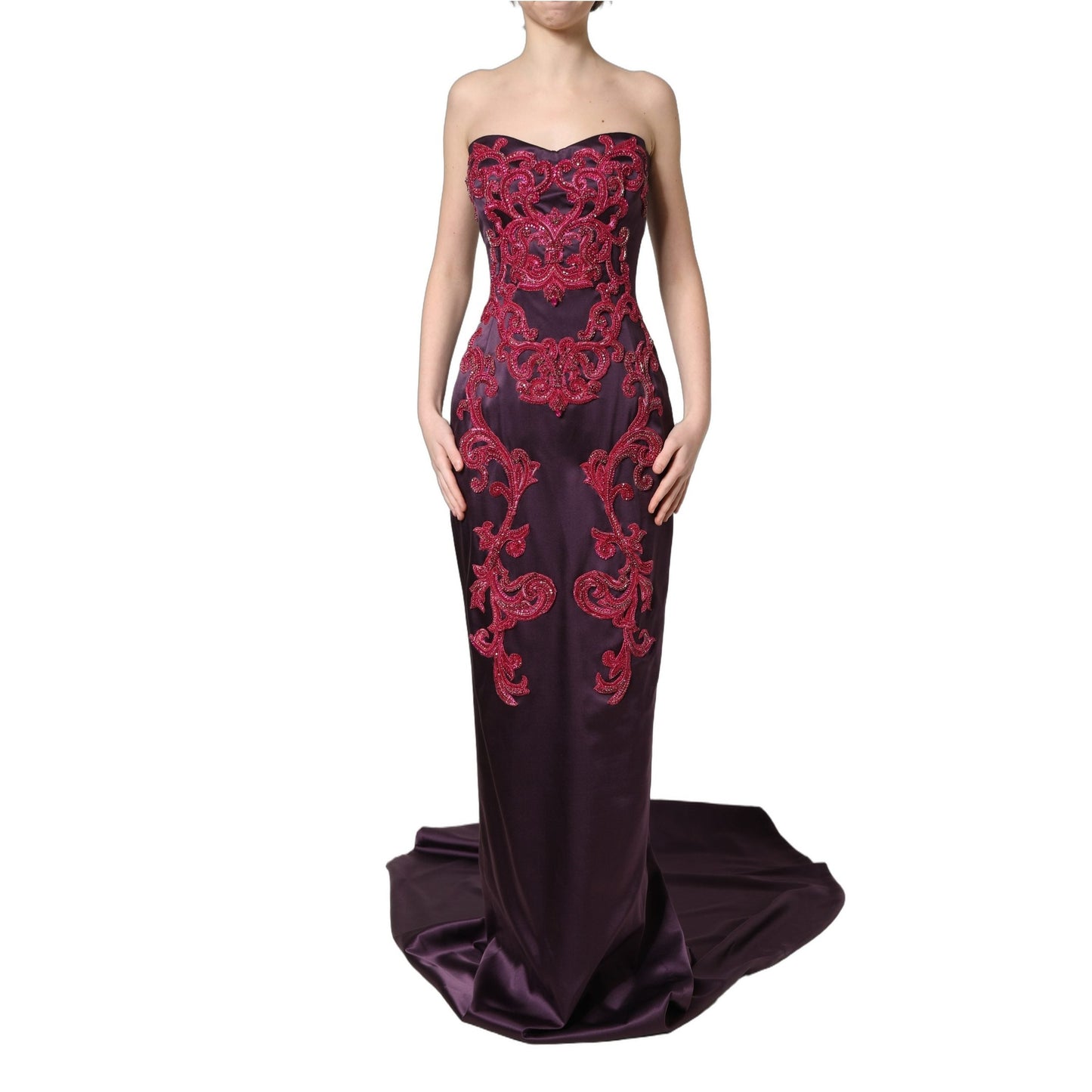Dolce & Gabbana Purple Silk Crystal Strapless Floor Length Gown Dress