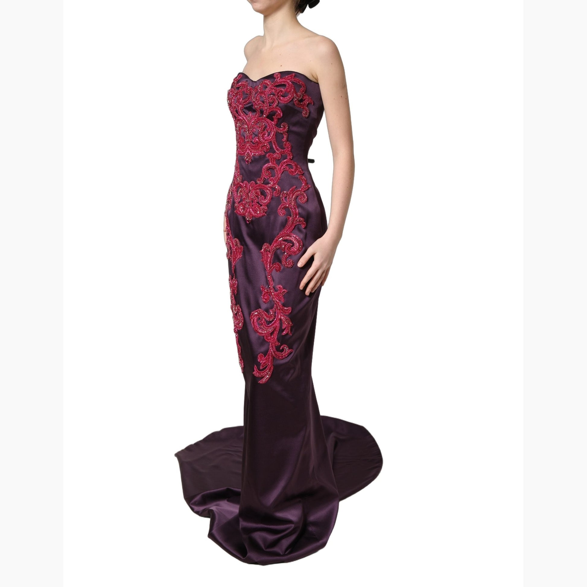 Dolce & Gabbana Purple Silk Crystal Strapless Floor Length Gown Dress