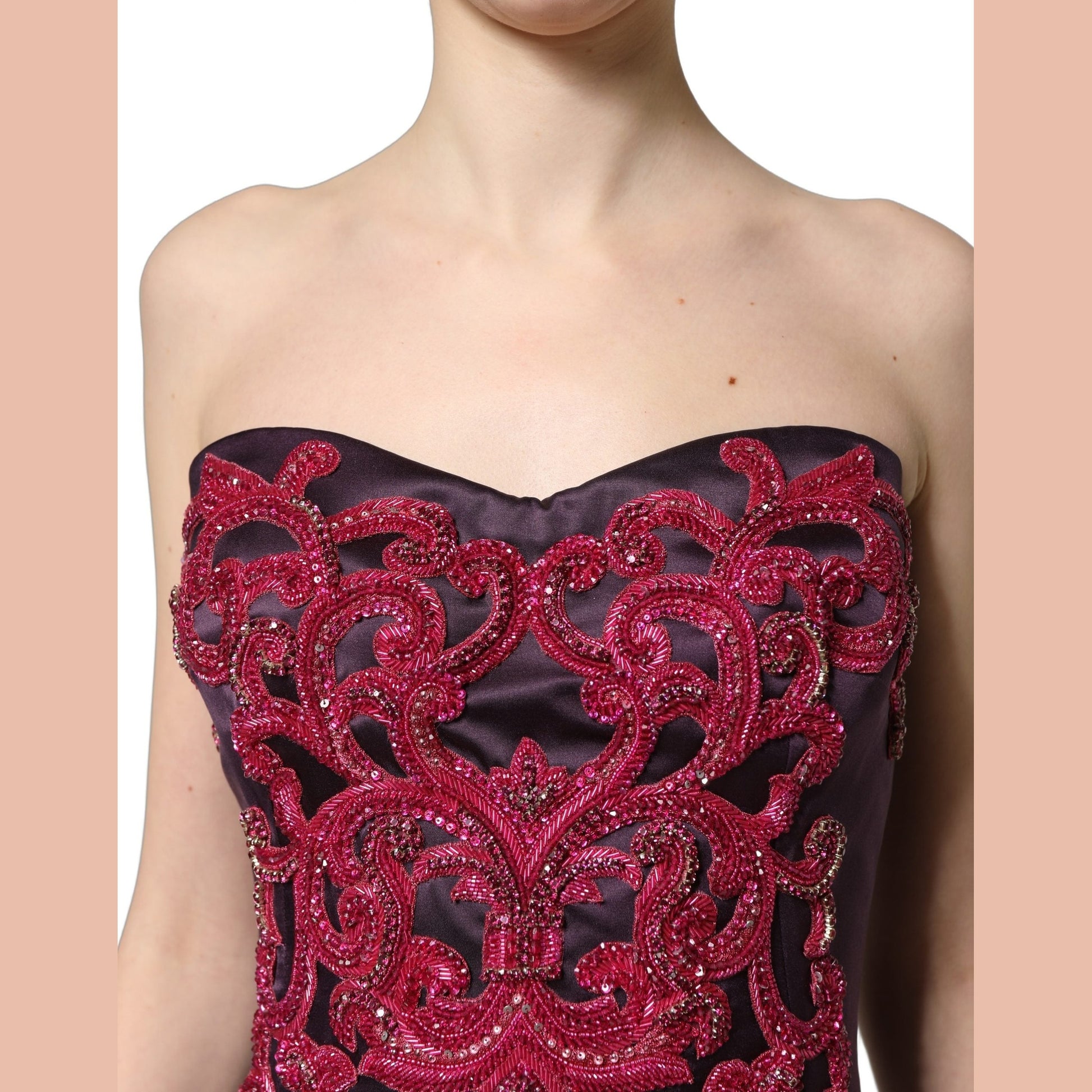 Dolce & Gabbana Purple Silk Crystal Strapless Floor Length Gown Dress