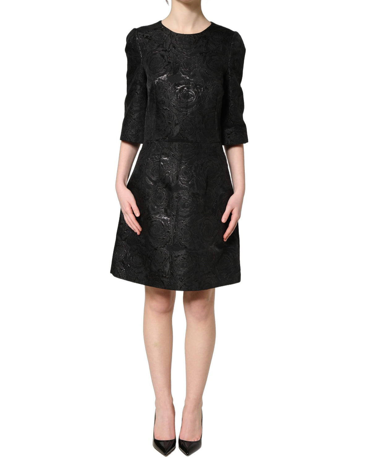Dolce & Gabbana Black Floral Jacquard Flared A-line Dress - Eljoys Fashion 