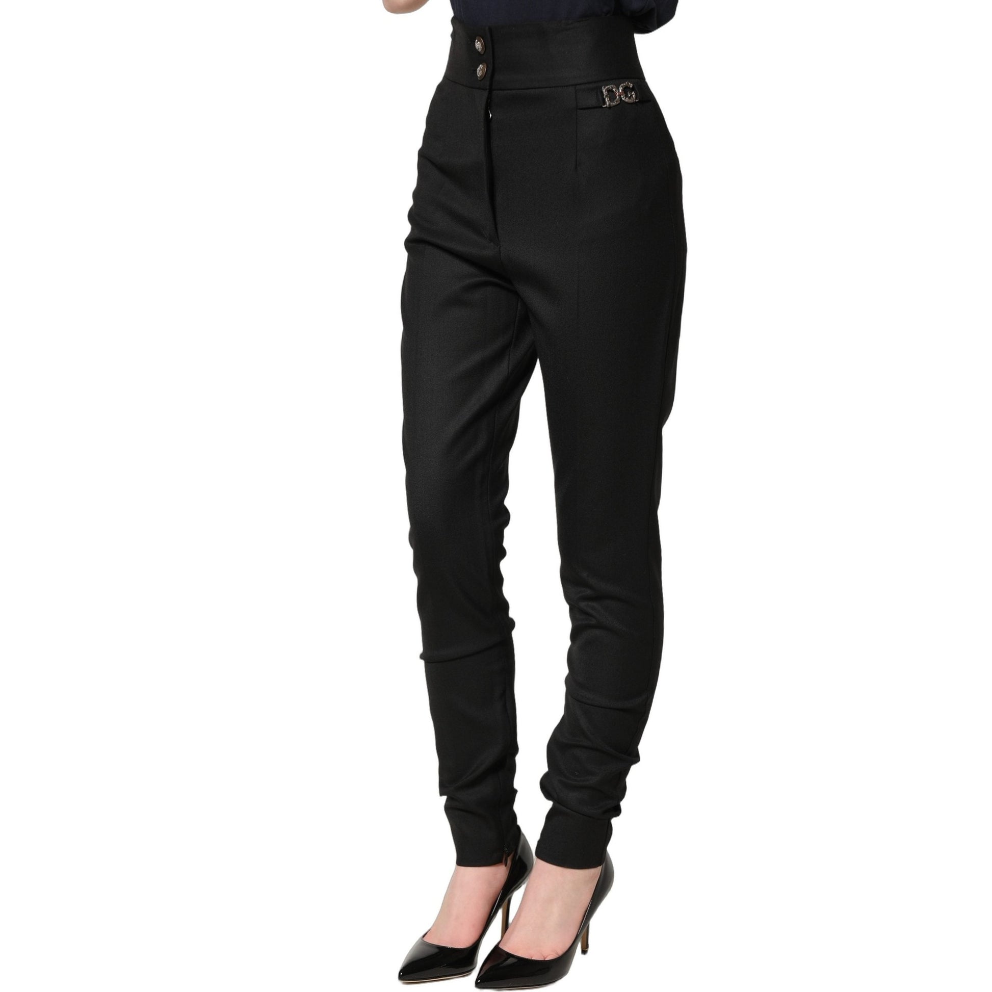 Dolce & Gabbana Black Wool High Waisted Logo Trouser Pants