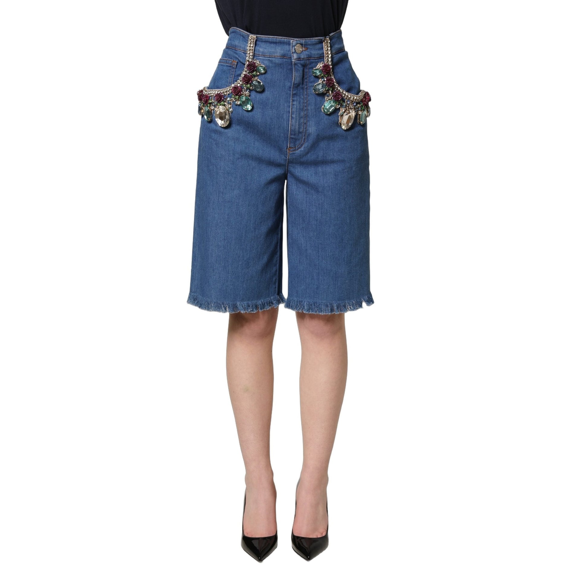 Dolce & Gabbana Blue Cotton Embellished BermudaDenim Shorts