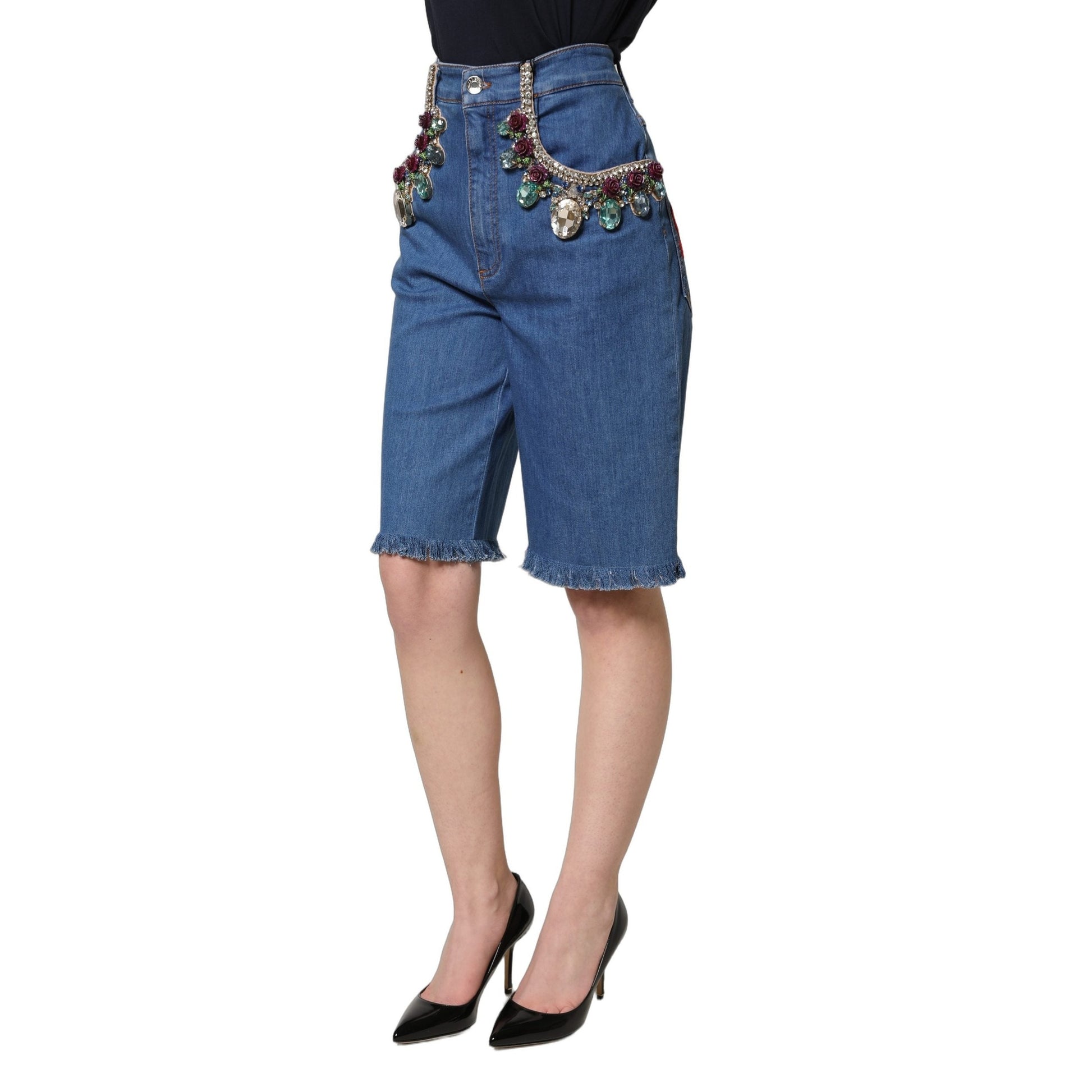Dolce & Gabbana Blue Cotton Embellished BermudaDenim Shorts