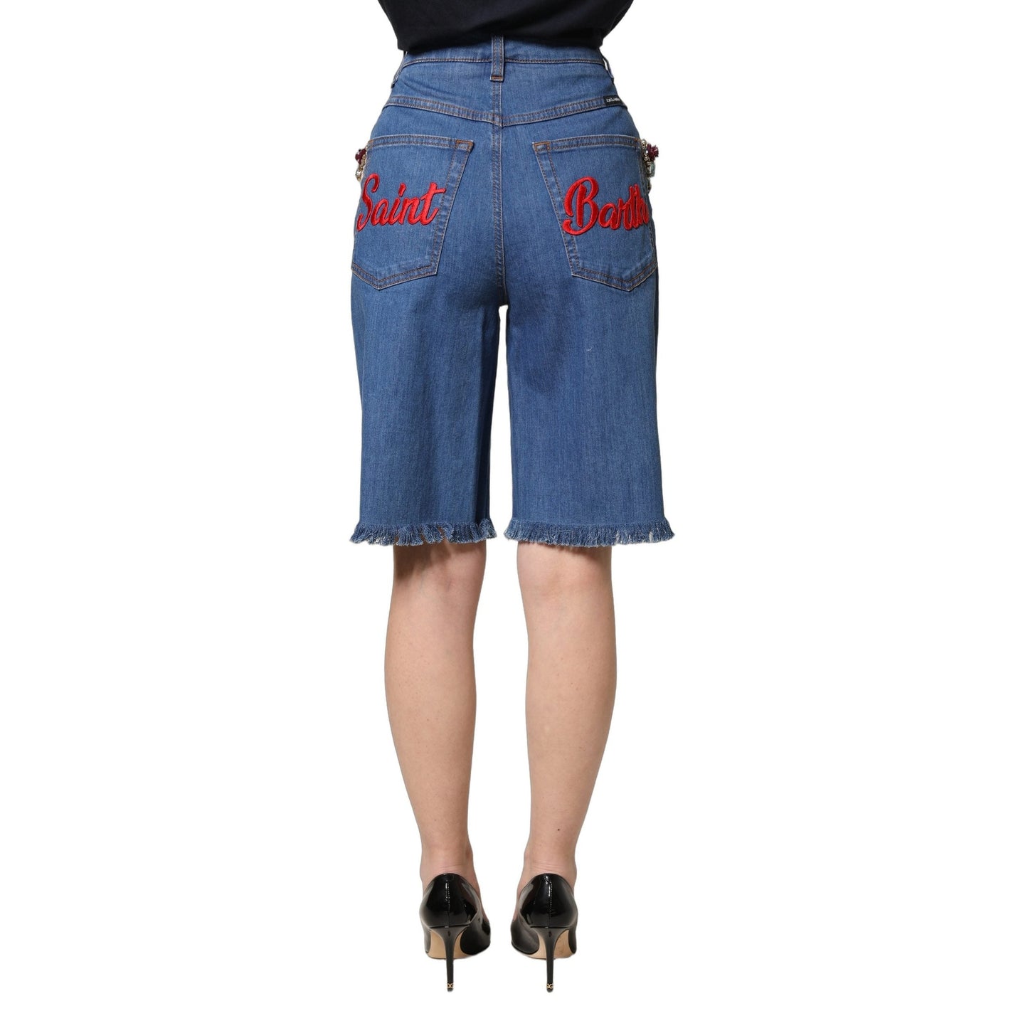 Dolce & Gabbana Blue Cotton Embellished BermudaDenim Shorts