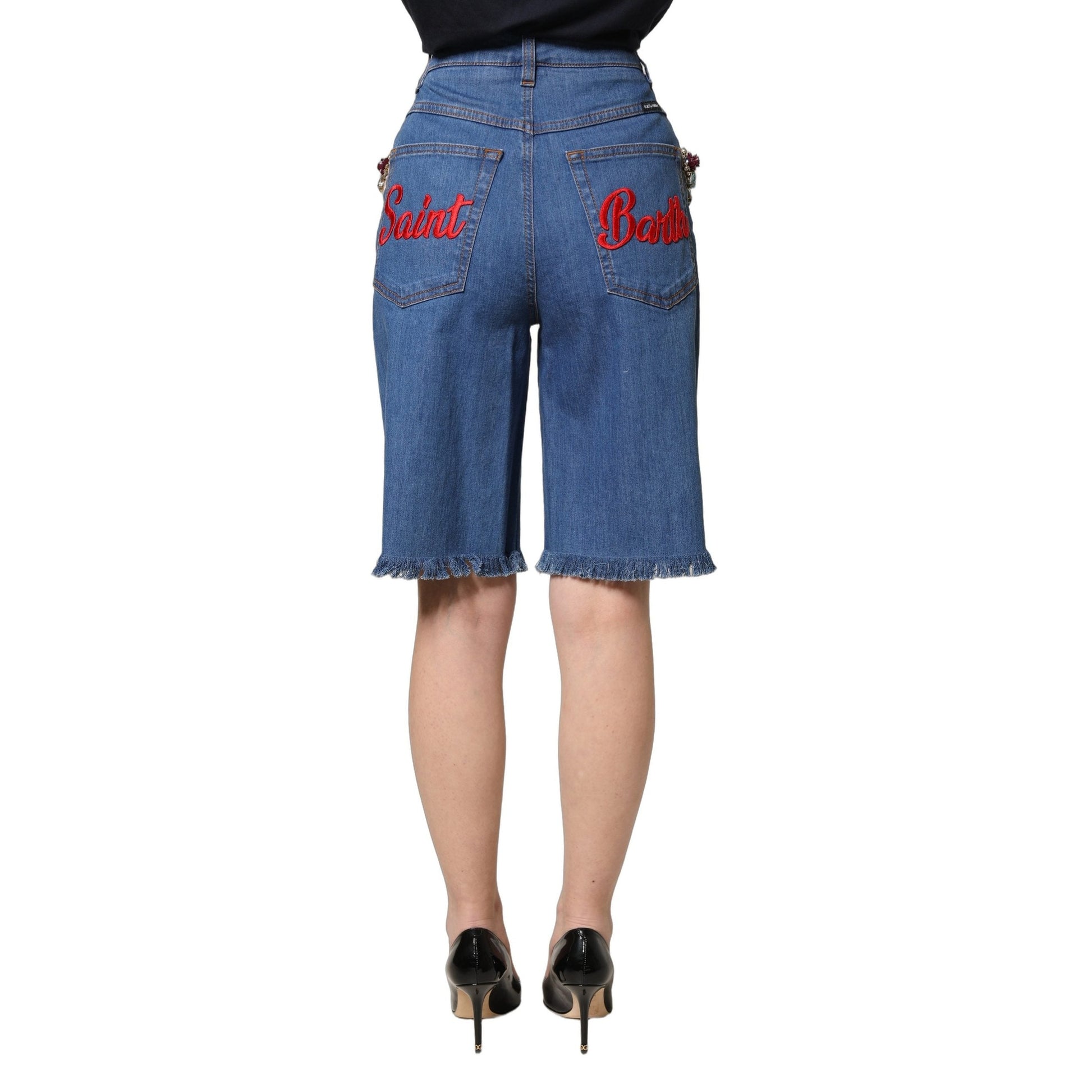 Dolce & Gabbana Blue Cotton Embellished BermudaDenim Shorts