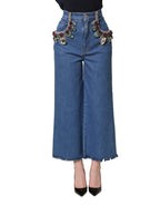 Dolce & Gabbana Blue Embellished Wide Cropped Denim Jeans - Eljoys Fashion 