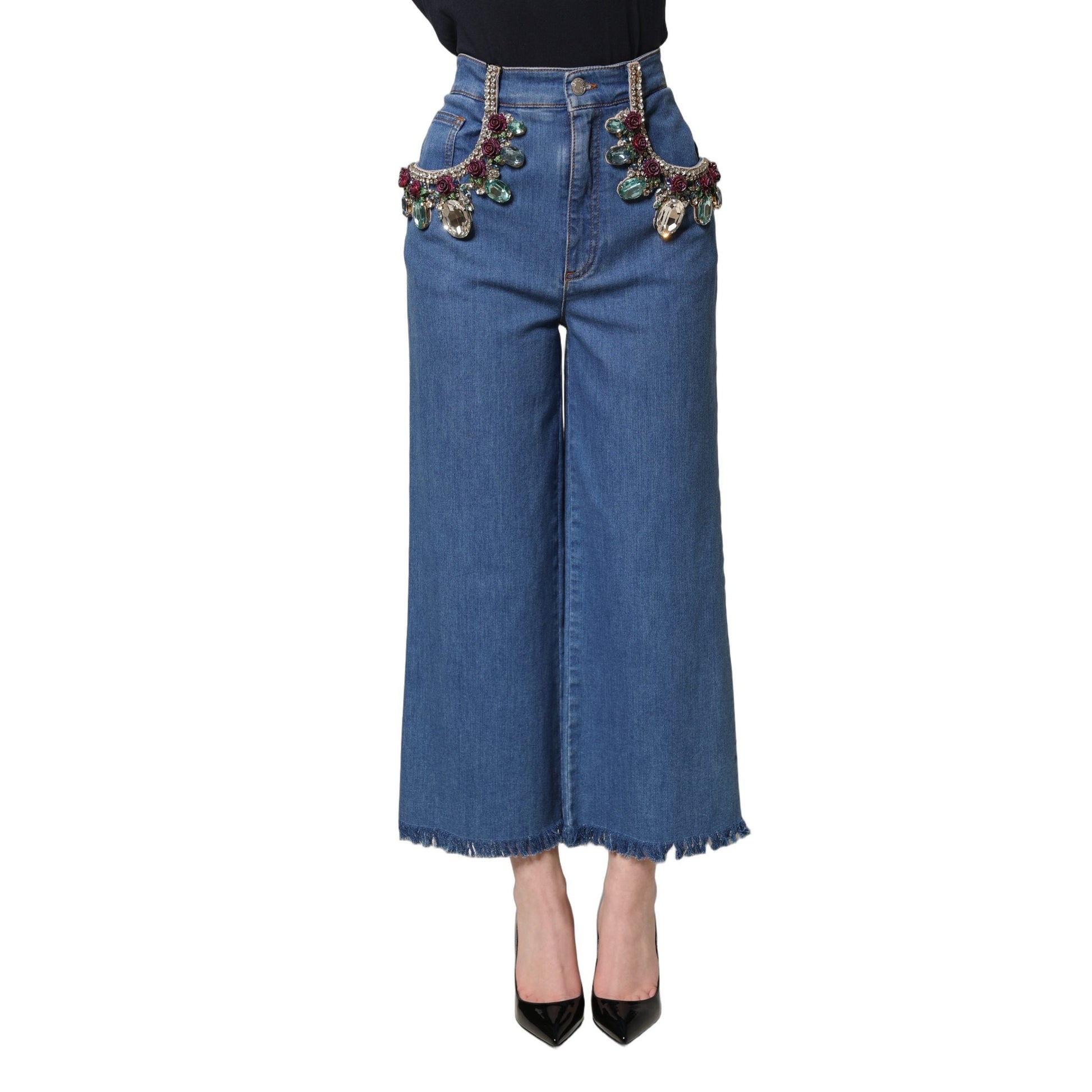 Dolce & Gabbana Blue Embellished Wide Cropped Denim Jeans