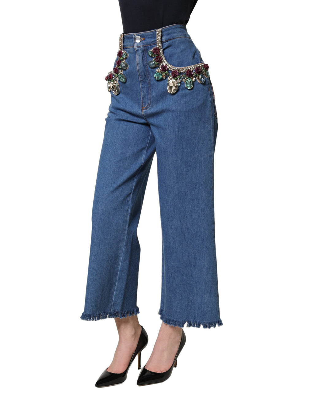 Dolce & Gabbana Blue Embellished Wide Cropped Denim Jeans - Eljoys Fashion 