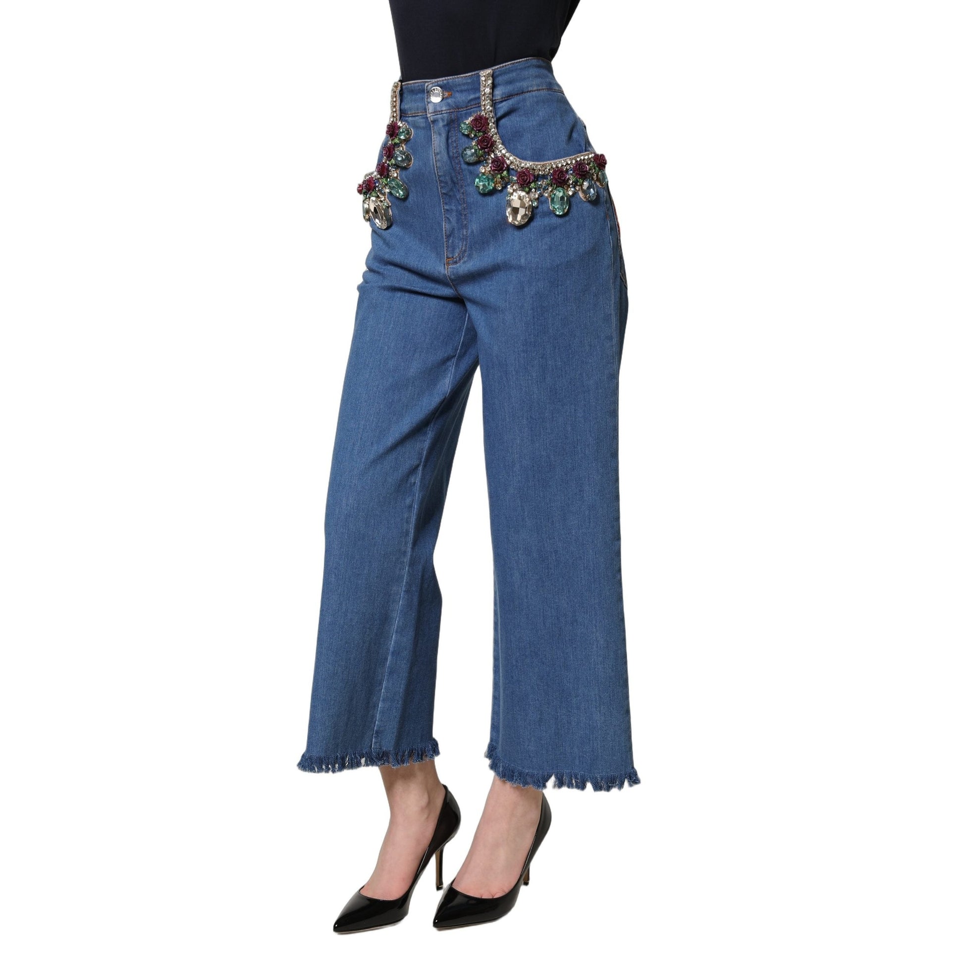Dolce & Gabbana Blue Embellished Wide Cropped Denim Jeans