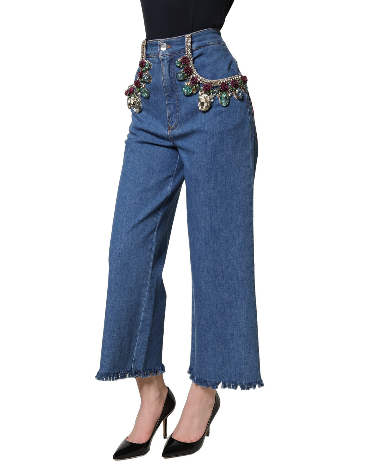 Dolce & Gabbana Blue Embellished Wide Cropped Denim Jeans - Eljoys Fashion 