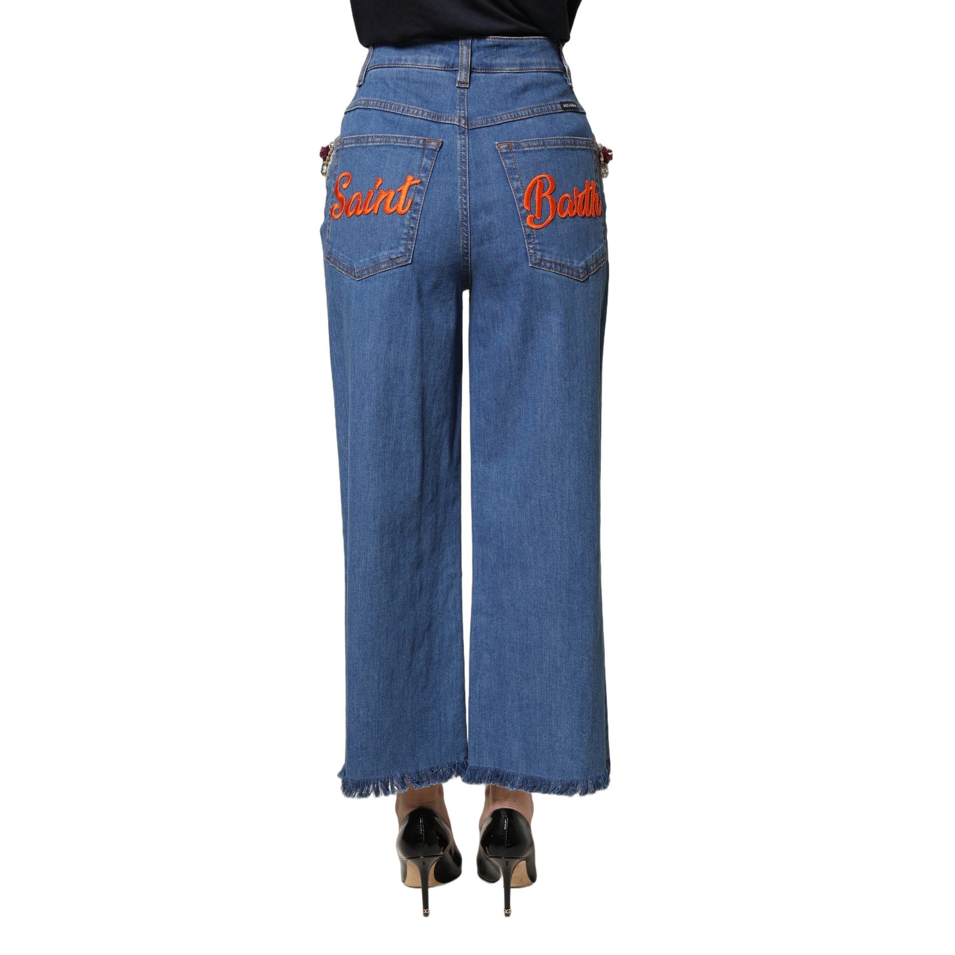 Dolce & Gabbana Blue Embellished Wide Cropped Denim Jeans