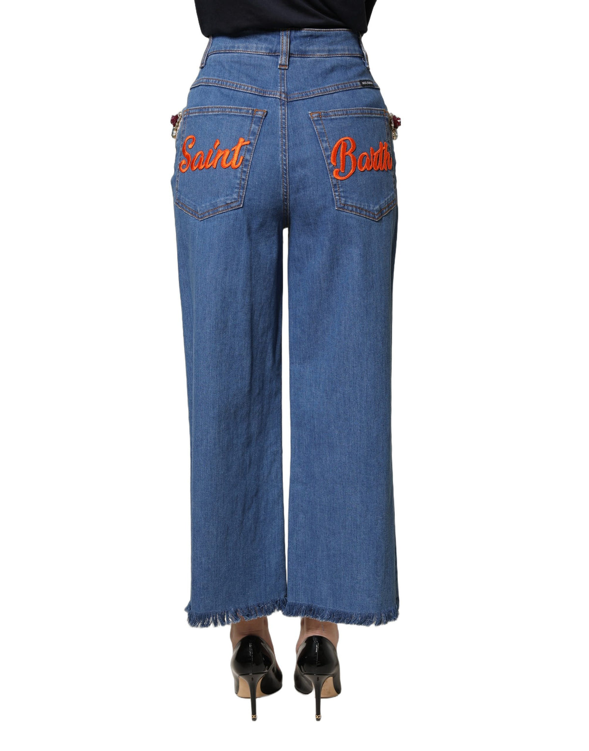 Dolce & Gabbana Blue Embellished Wide Cropped Denim Jeans - Eljoys Fashion 