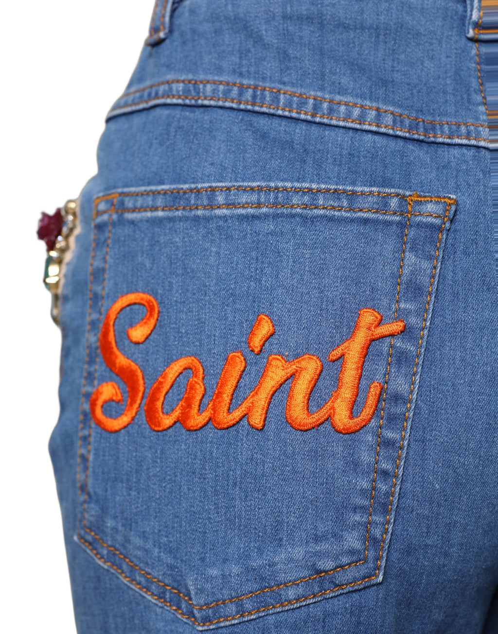 Dolce & Gabbana Blue Embellished Wide Cropped Denim Jeans - Eljoys Fashion 