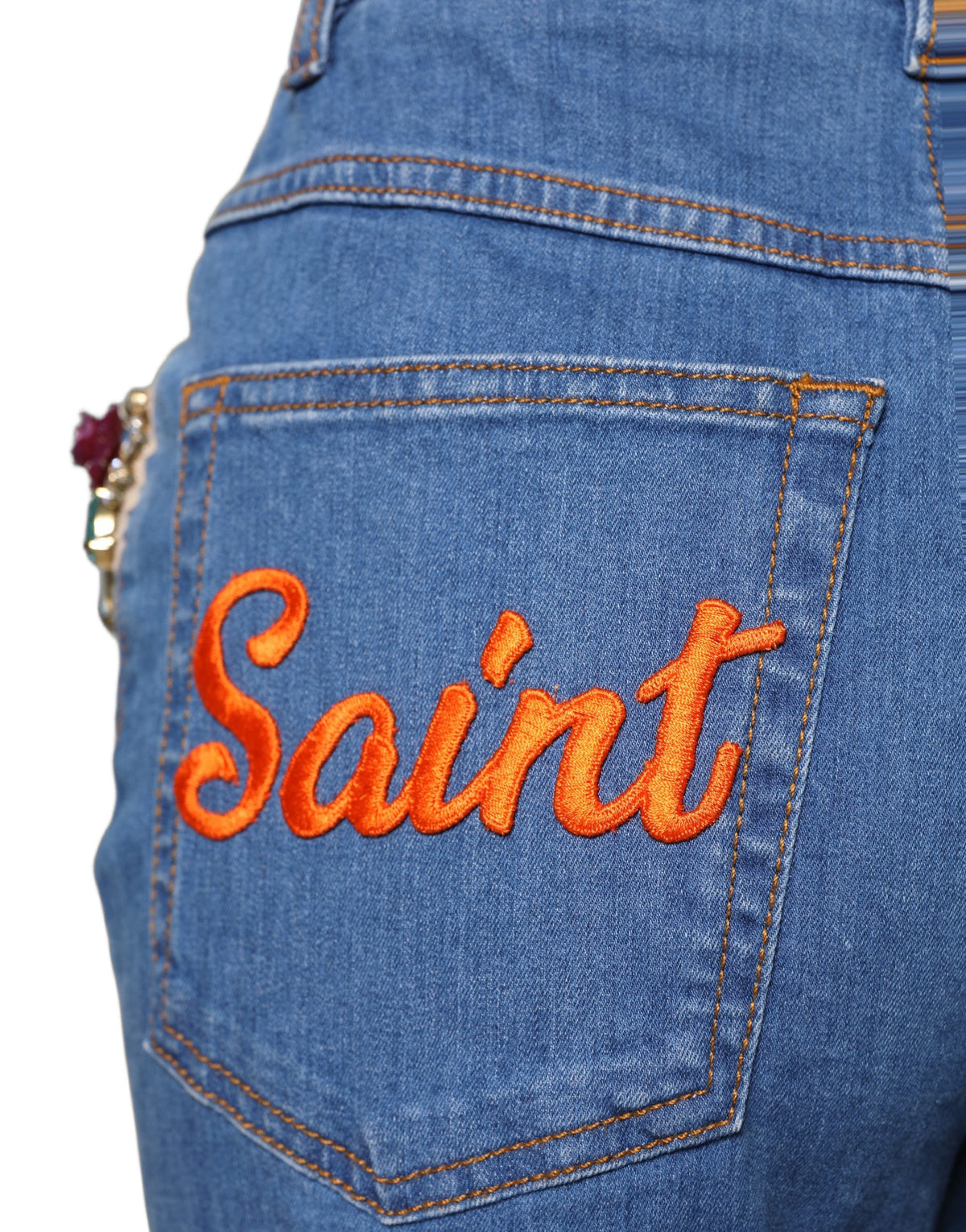 Dolce & Gabbana Blue Embellished Wide Cropped Denim Jeans - Eljoys Fashion 