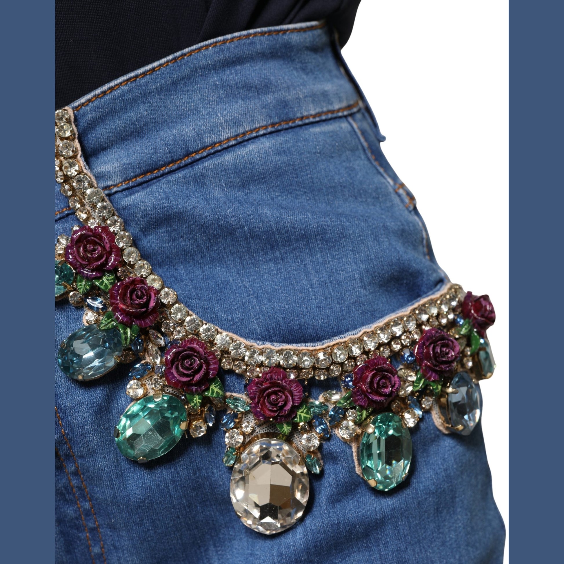 Dolce & Gabbana Blue Embellished Wide Cropped Denim Jeans