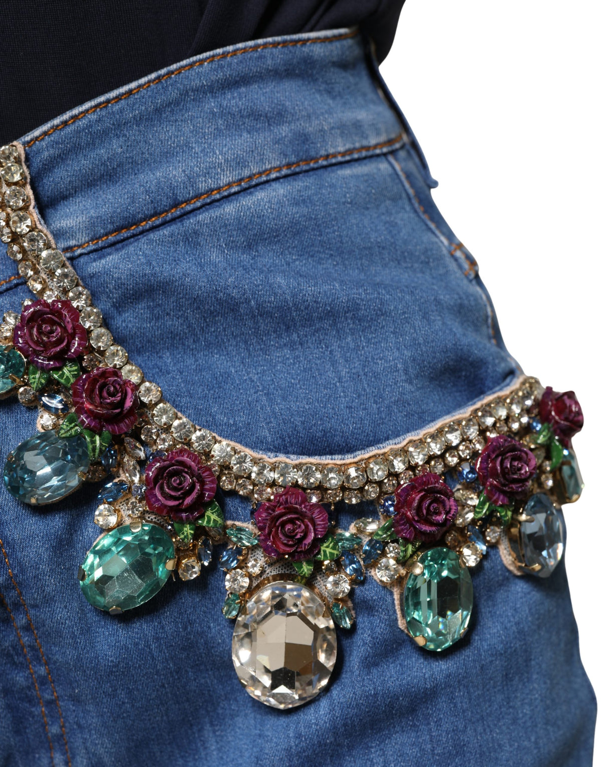 Dolce & Gabbana Blue Embellished Wide Cropped Denim Jeans - Eljoys Fashion 