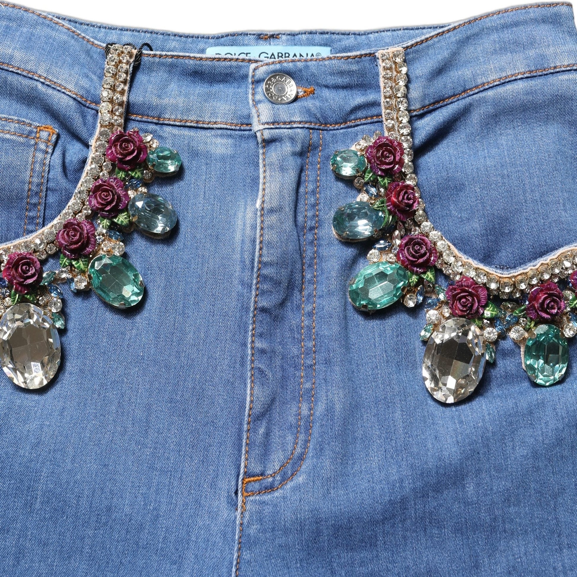 Dolce & Gabbana Blue Embellished Wide Cropped Denim Jeans