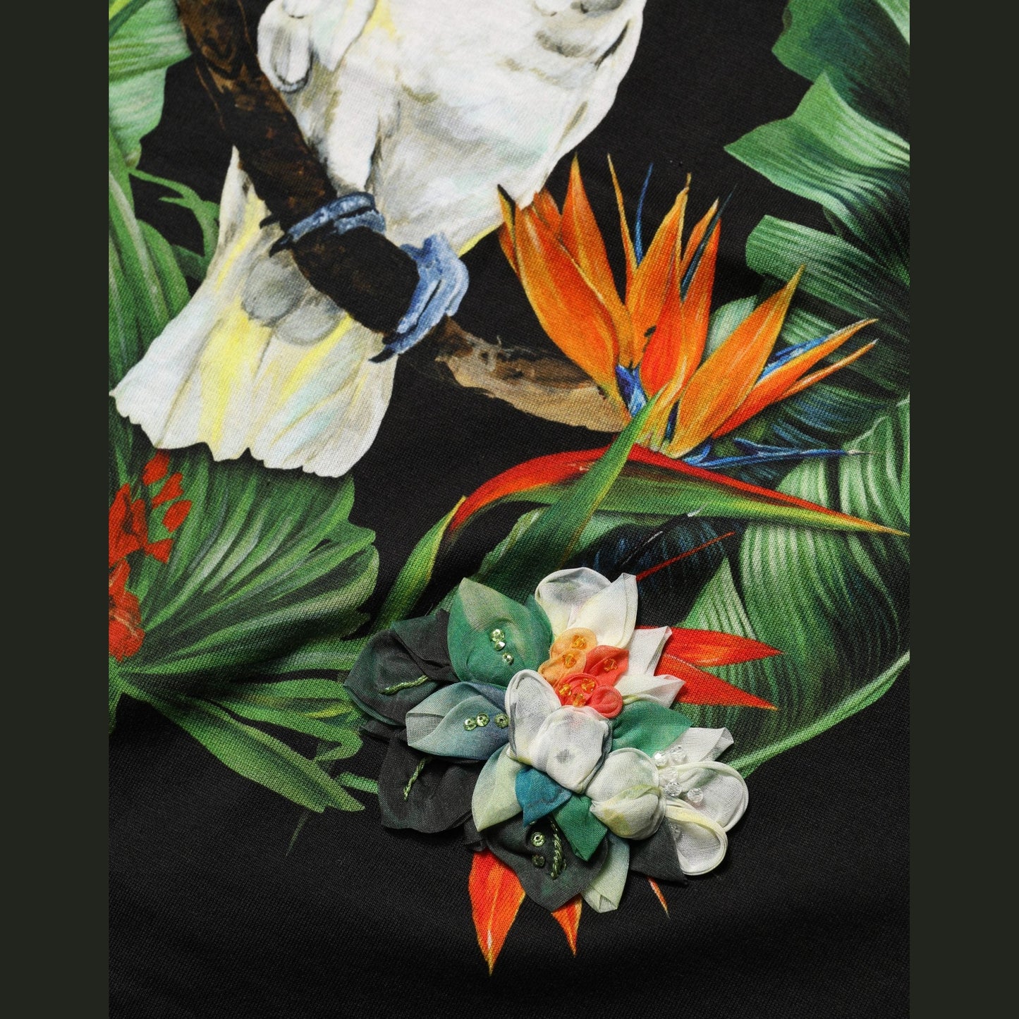 Dolce & Gabbana Black Tropical Print Cotton Round Neck T-Shirt