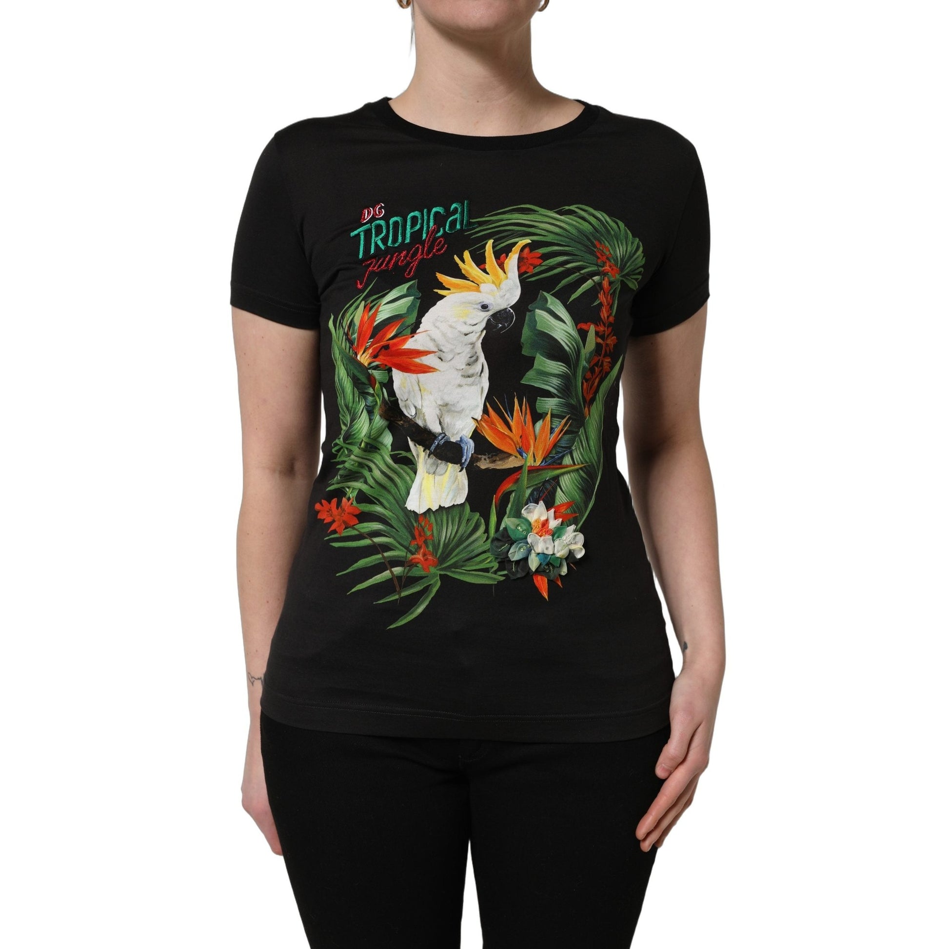 Dolce & Gabbana Black Tropical Print Cotton Round Neck T-Shirt