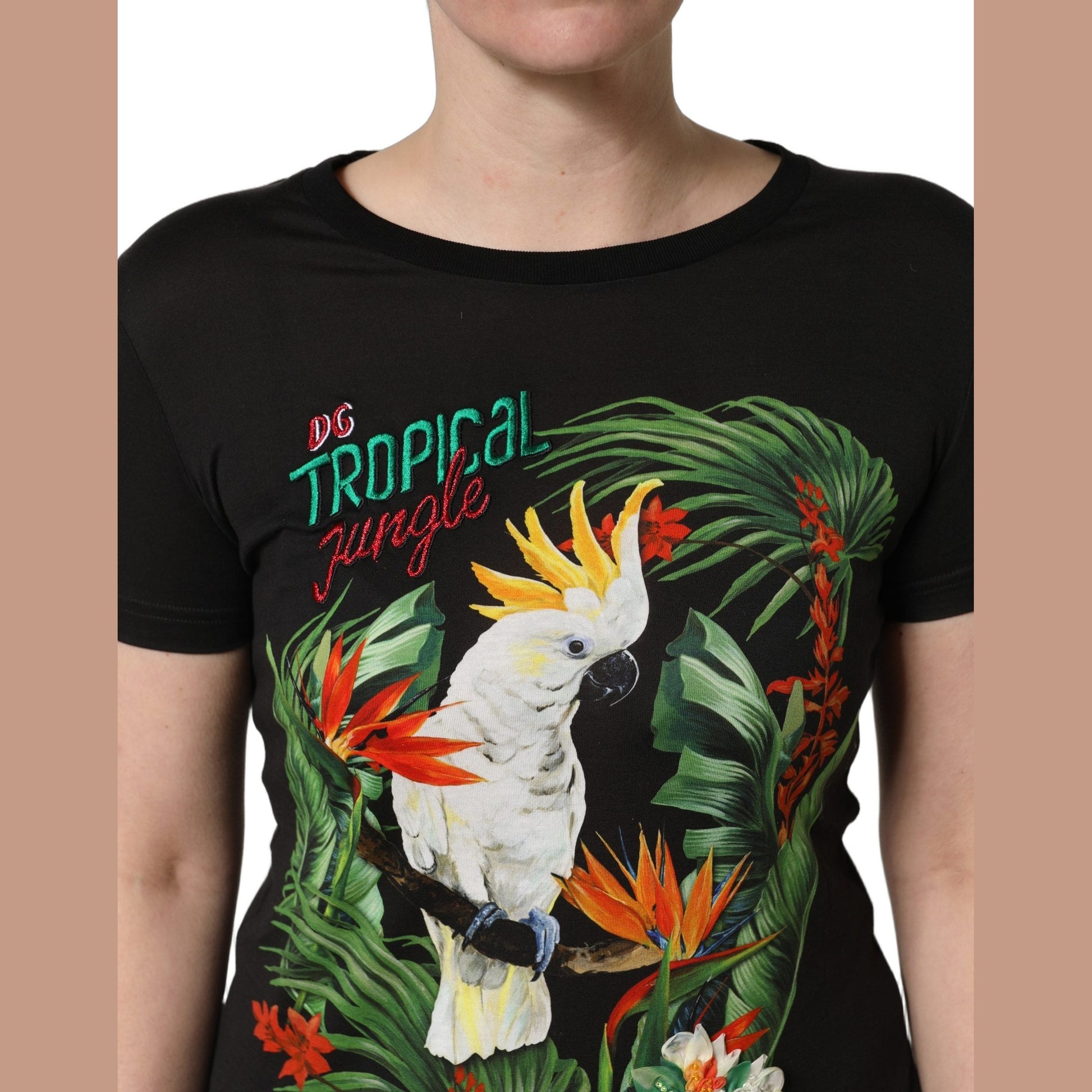 Dolce & Gabbana Black Tropical Print Cotton Round Neck T-Shirt