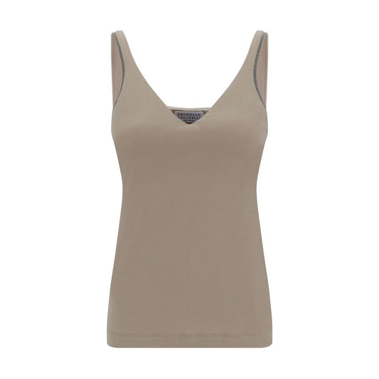 Brunello Cucinelli Beige Cotton Sleeveles T-Shirt Brunello Cucinelli