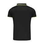 Lotto black polyester men's polo shirt with a collar and short sleeves, featuring subtle branding on the chest.
