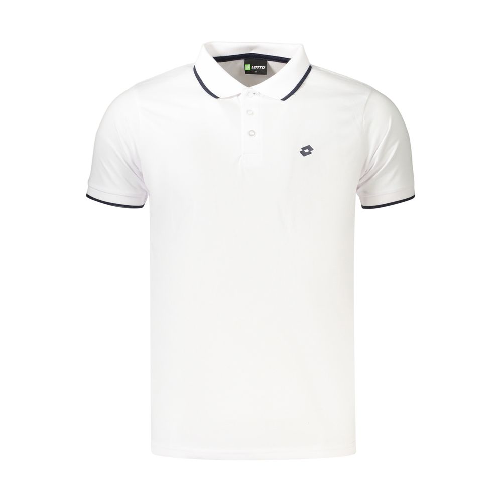 Lotto white polyester men's polo shirt with a classic collar and short sleeves, displayed on a plain background.