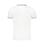 Lotto white polyester men's polo shirt with a classic collar and short sleeves, displayed flat on a white background.