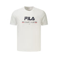 White cotton men's T-shirt by Fila, featuring a classic crew neck and short sleeves, displayed flat on a plain background.