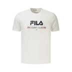 White cotton men's T-shirt by Fila, featuring a classic crew neck and short sleeves, displayed flat on a plain background.